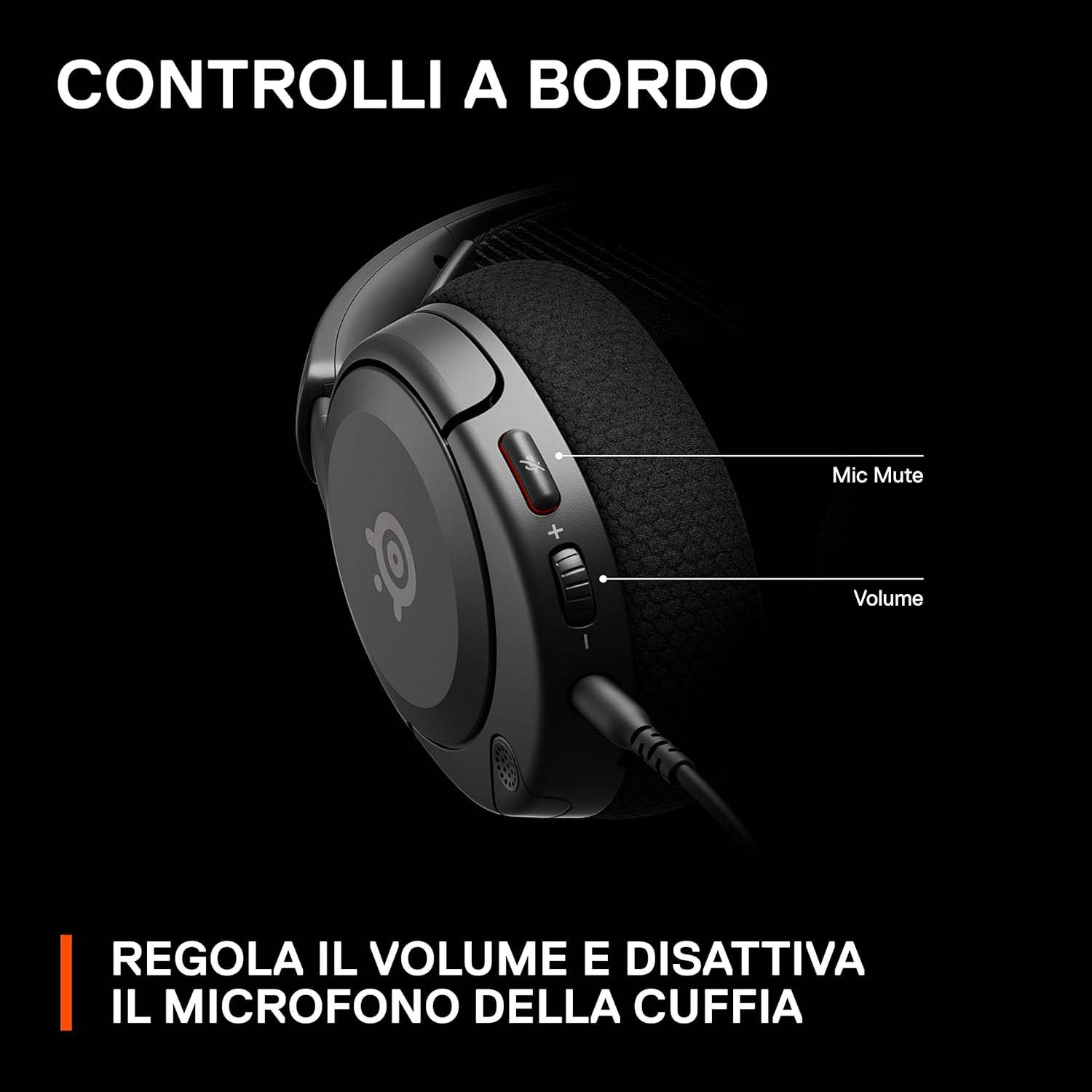 Cuffie nere con pulsanti di controllo: disattivazione microfono e regolazione volume.