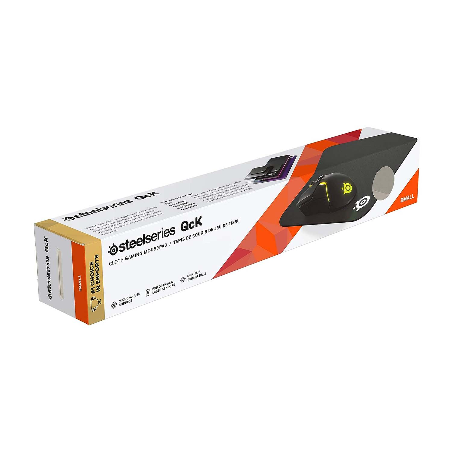 Scatola per tappetino per mouse. Tappetino nero all'interno. Logo e testo Steelseries Qck visibili.