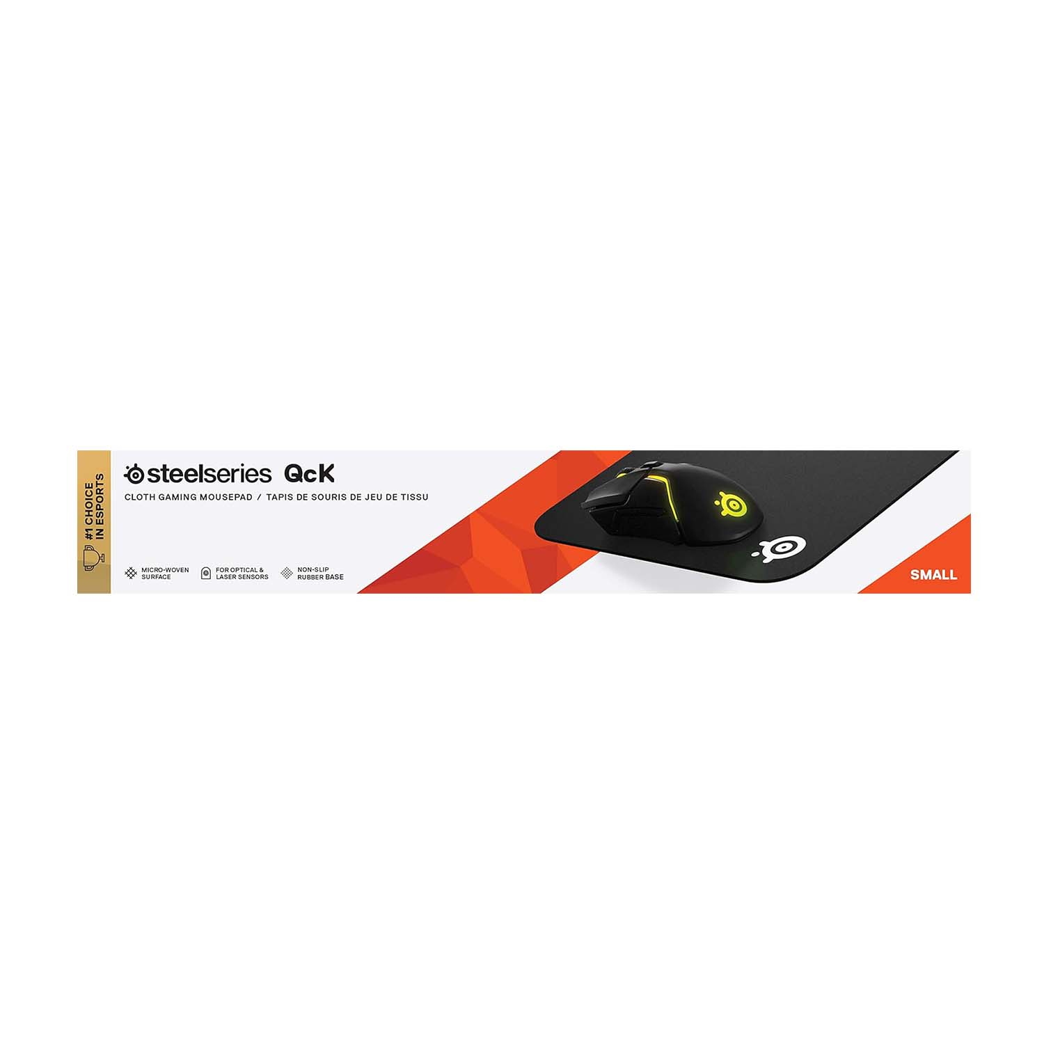 Un tappetino per mouse da gioco su sfondo bianco, con un mouse e un logo.