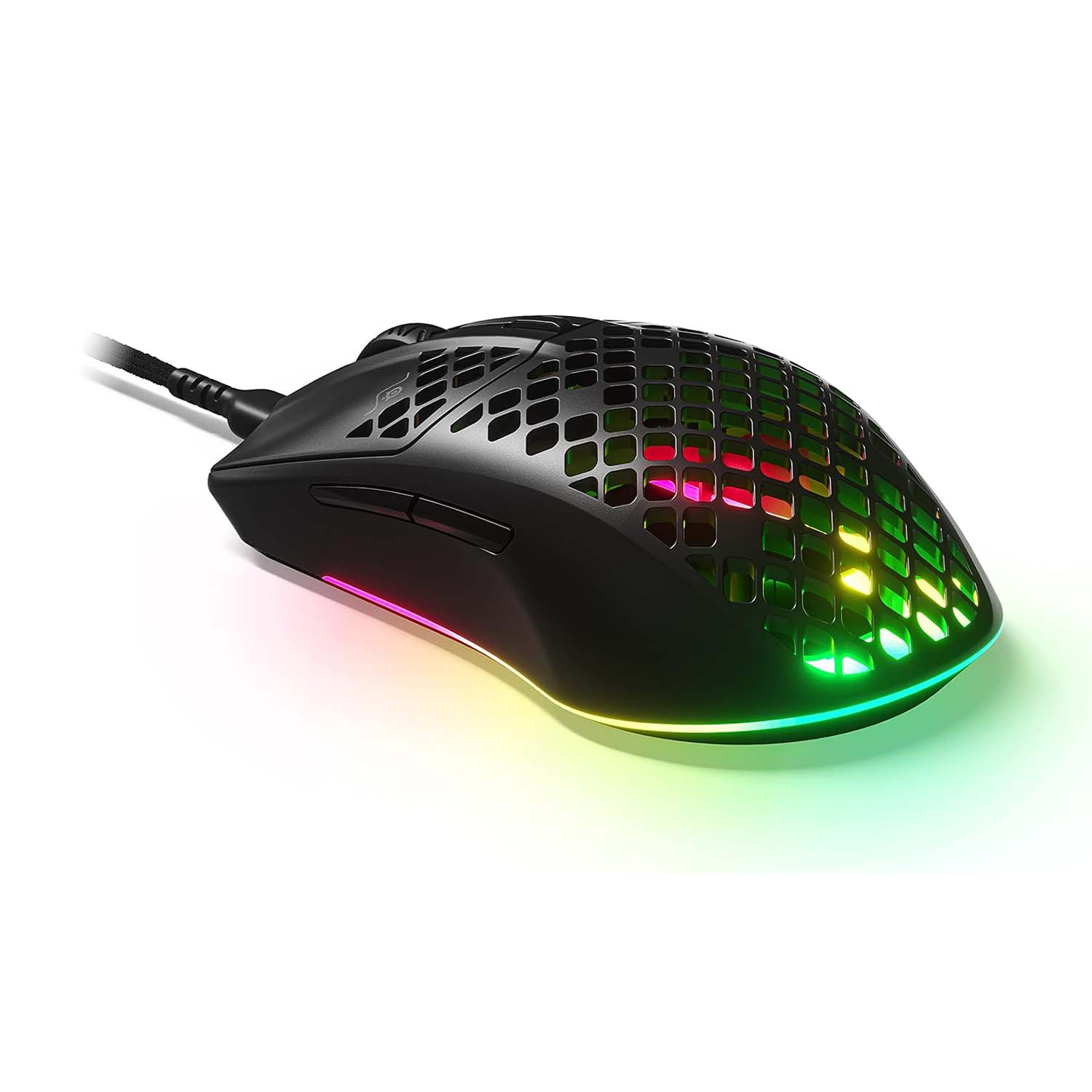 Mouse da gioco nero con design a nido d'ape e luci colorate sui bordi.