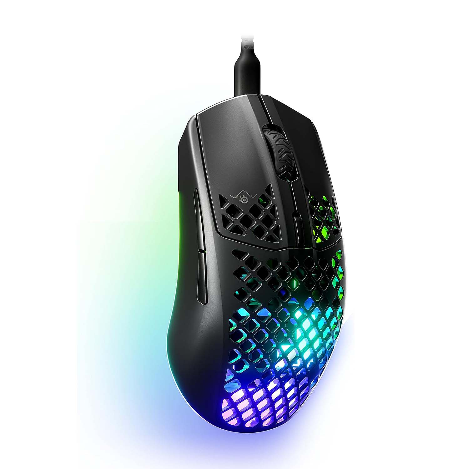 Mouse da gaming nero con design a nido d'ape e luci RGB. Pulsanti laterali visibili.