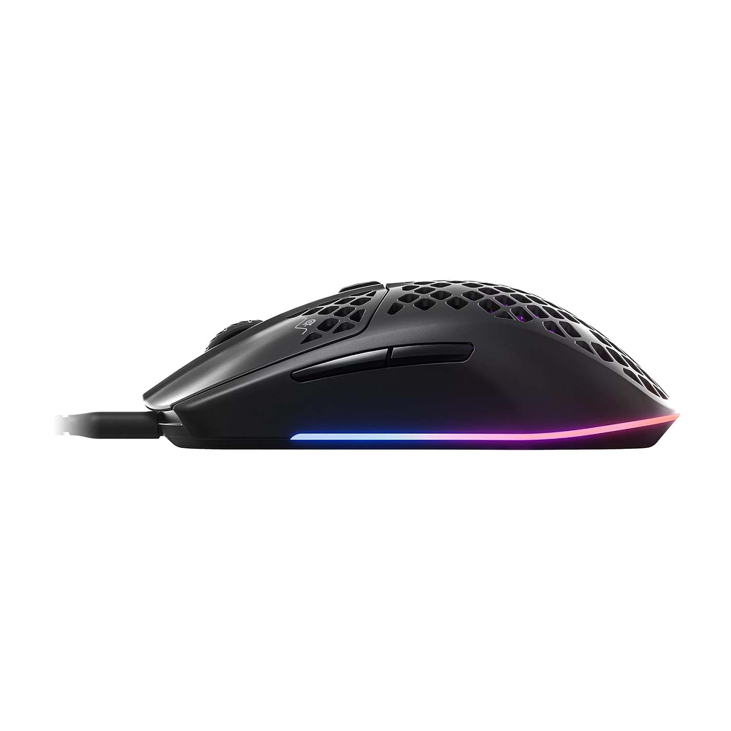 Un mouse nero e grigio con illuminazione RGB.