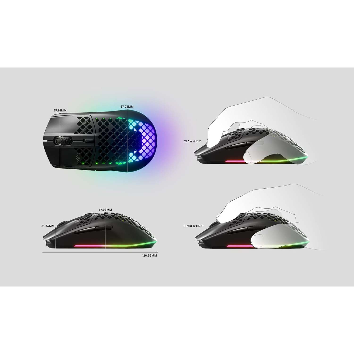 Mouse per computer che mostra diversi stili di presa e dimensioni, con illuminazione RGB.