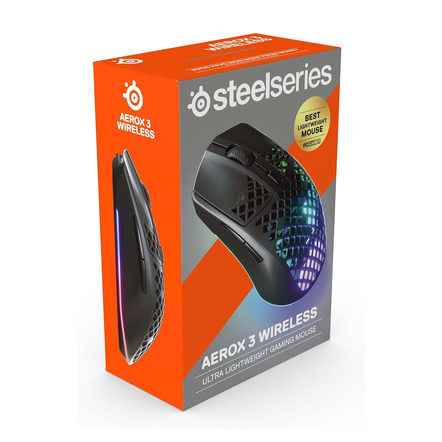Una scatola nera e arancione che mostra un mouse da gioco nero con luci RGB e il logo SteelSeries.
