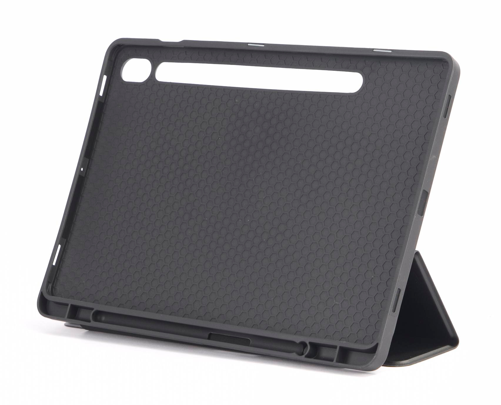 Eine schwarze Tablet-Hülle mit Wabenmuster auf der Innenseite, zum Betrachten aufgestellt.
