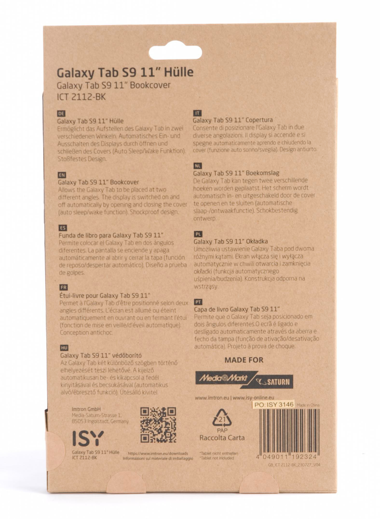 Rückseite einer Galaxy Tab S9 11" Bookcover-Box. Text in mehreren Sprachen. Es zeigt die Produktmerkmale.