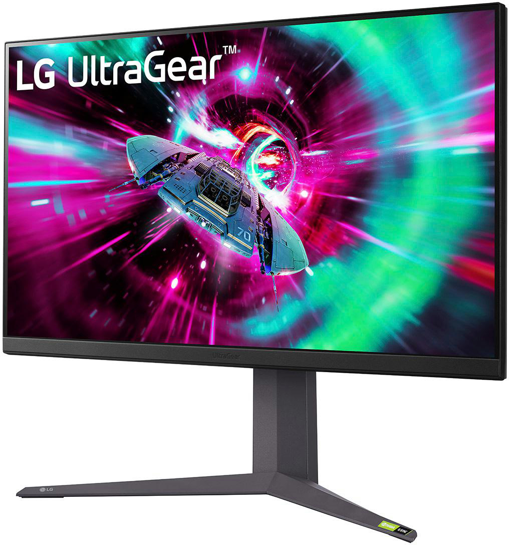 LG UltraGear Monitor mit futuristischer Sci-Fi-Grafik. Der Bildschirm zeigt ein Raumschiff vor farbenfrohem Hintergrund.