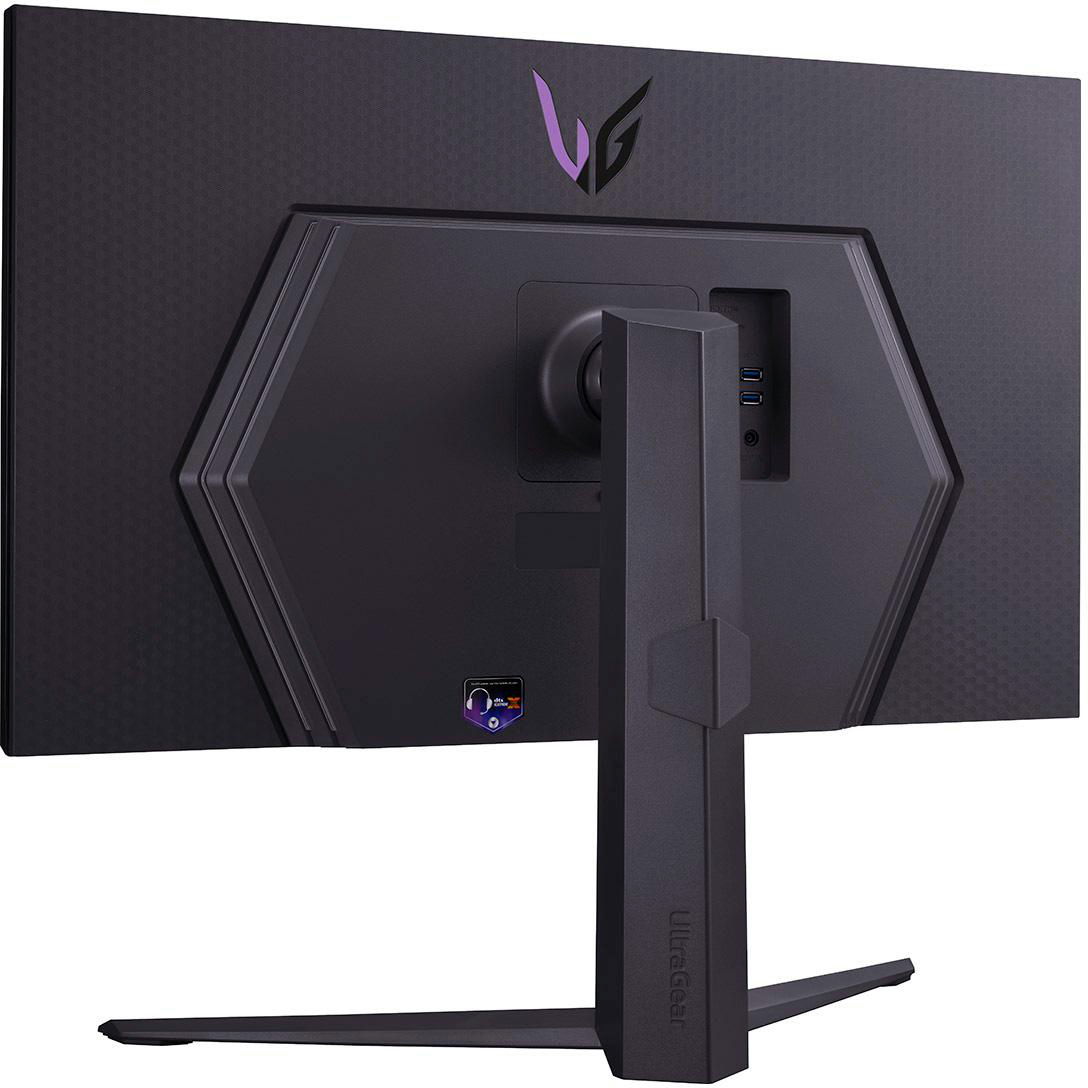 Rückansicht eines schwarzen Computermonitors mit Ständer. Er hat ein Logo oben.