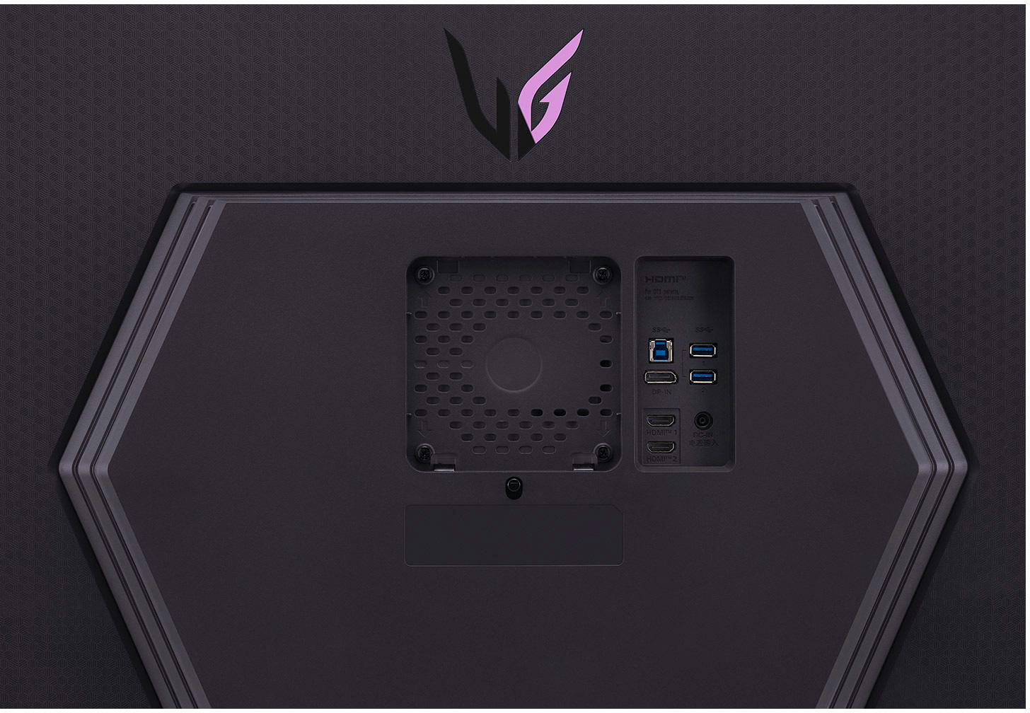 Rückseite eines schwarzen Monitors mit Anschlüssen und LG-Logo.