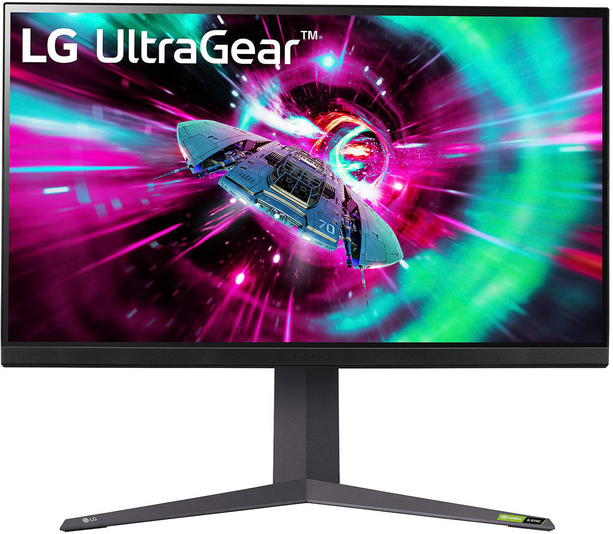 LG-Monitor mit Raumschiff in einem Lichttunnel. Schwarzer Ständer und Logo.