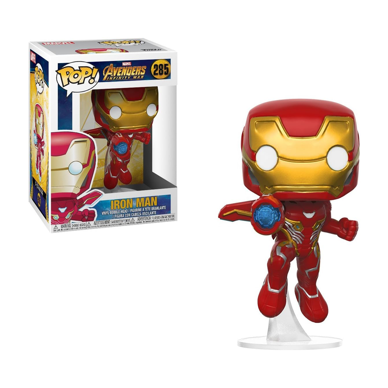 Figura di Iron Man Funko Pop, con scatola, in piedi su sfondo bianco.