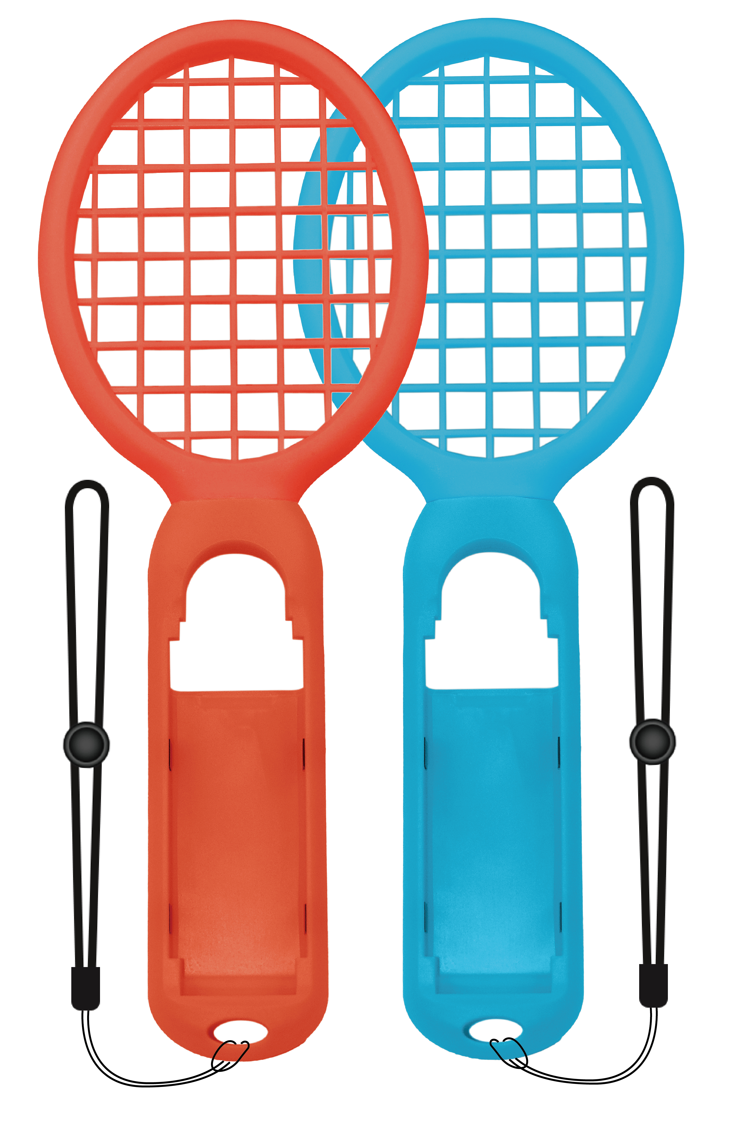 Zwei rote und blaue Tennisschläger.