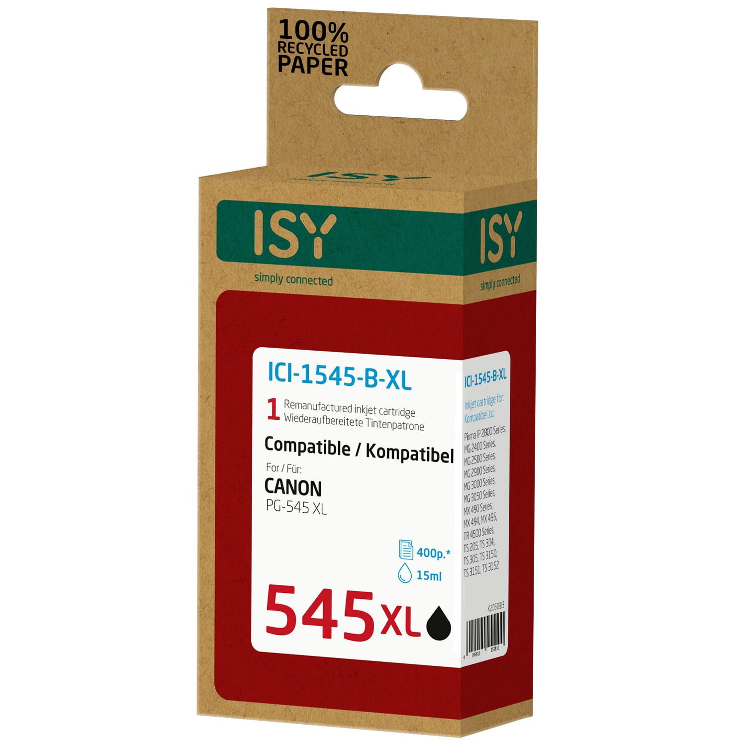 Cartridgebox: ISY, bruin en groen. Bevat inktcartridge compatibel met Canon printers, 545XL.