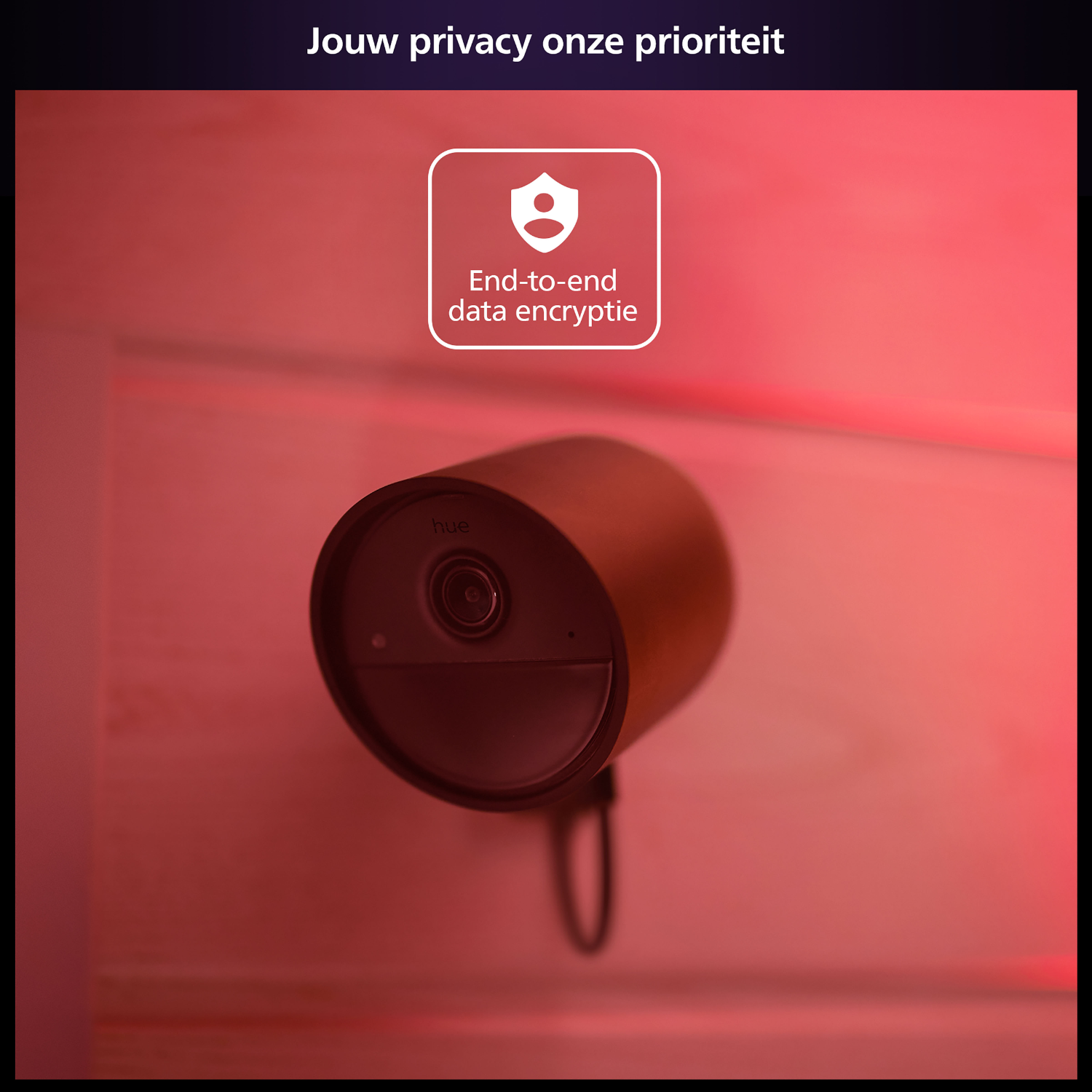 Beveiligingscamera aan de muur. Tekst luidt "Uw privacy is onze prioriteit". End-to-end data-encryptie.