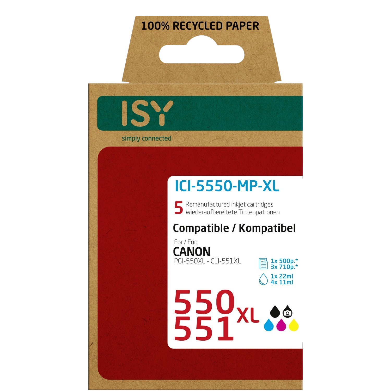 ISY inkjet cartridge doos. Toont compatibele Canon cartridges en inktkleuren.