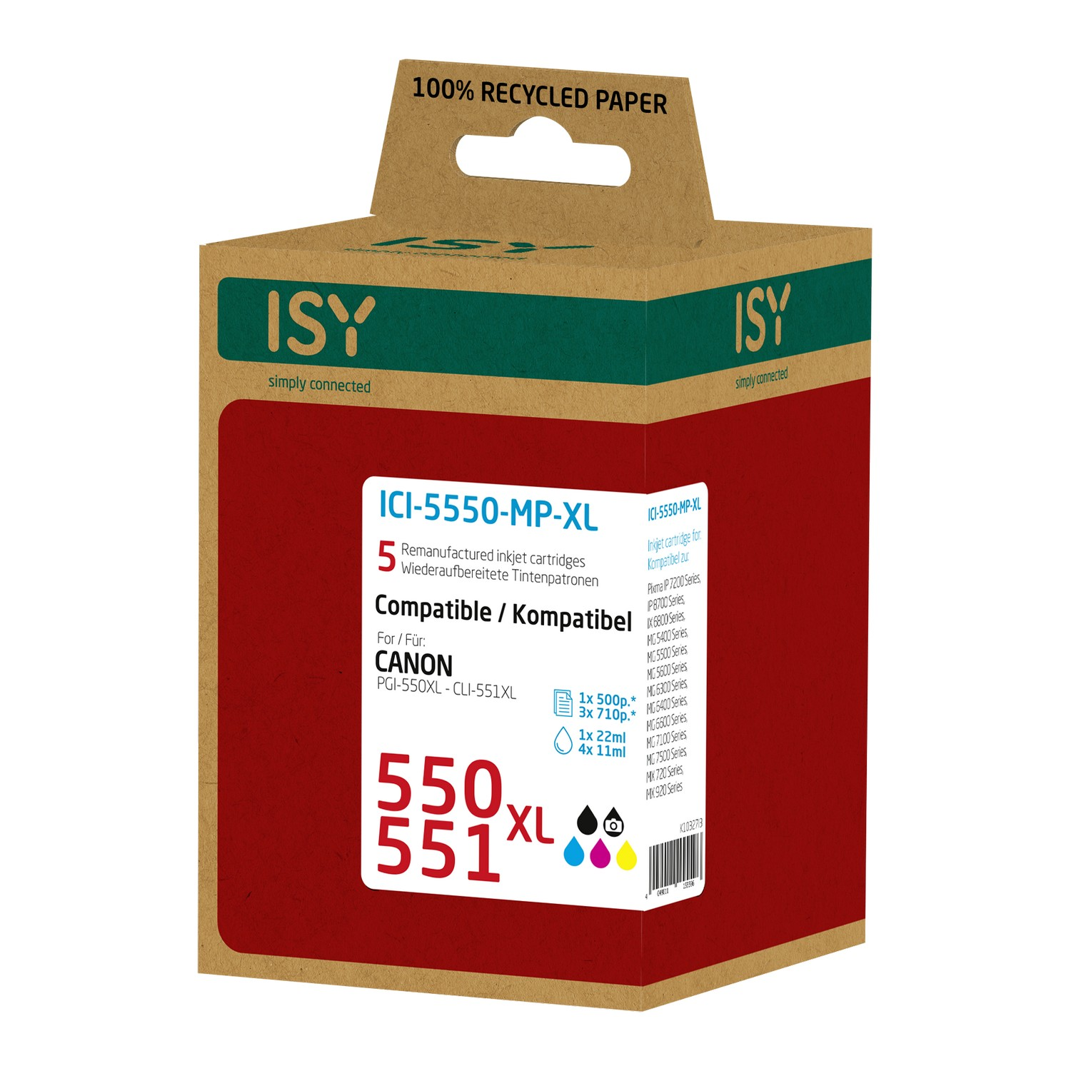 Cartridge doos, rood en bruin met tekst. Merk ISY. Compatibel met Canon printers.