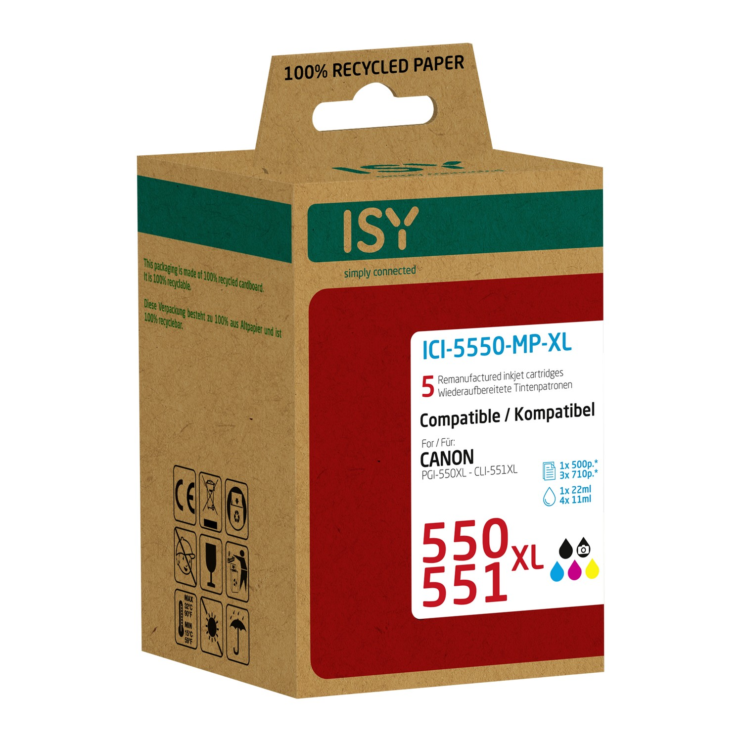 Inktcartridgebox van gerecycled papier. Tekst: '100% gerecycled papier'.