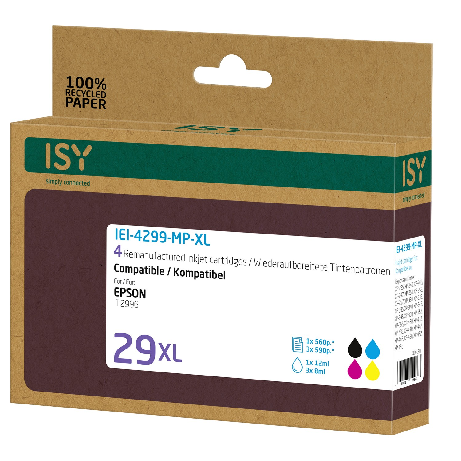 Boîte de remplacement d'encre ISY 4 cartouches, avec couleurs et informations de compatibilité de l'imprimante.