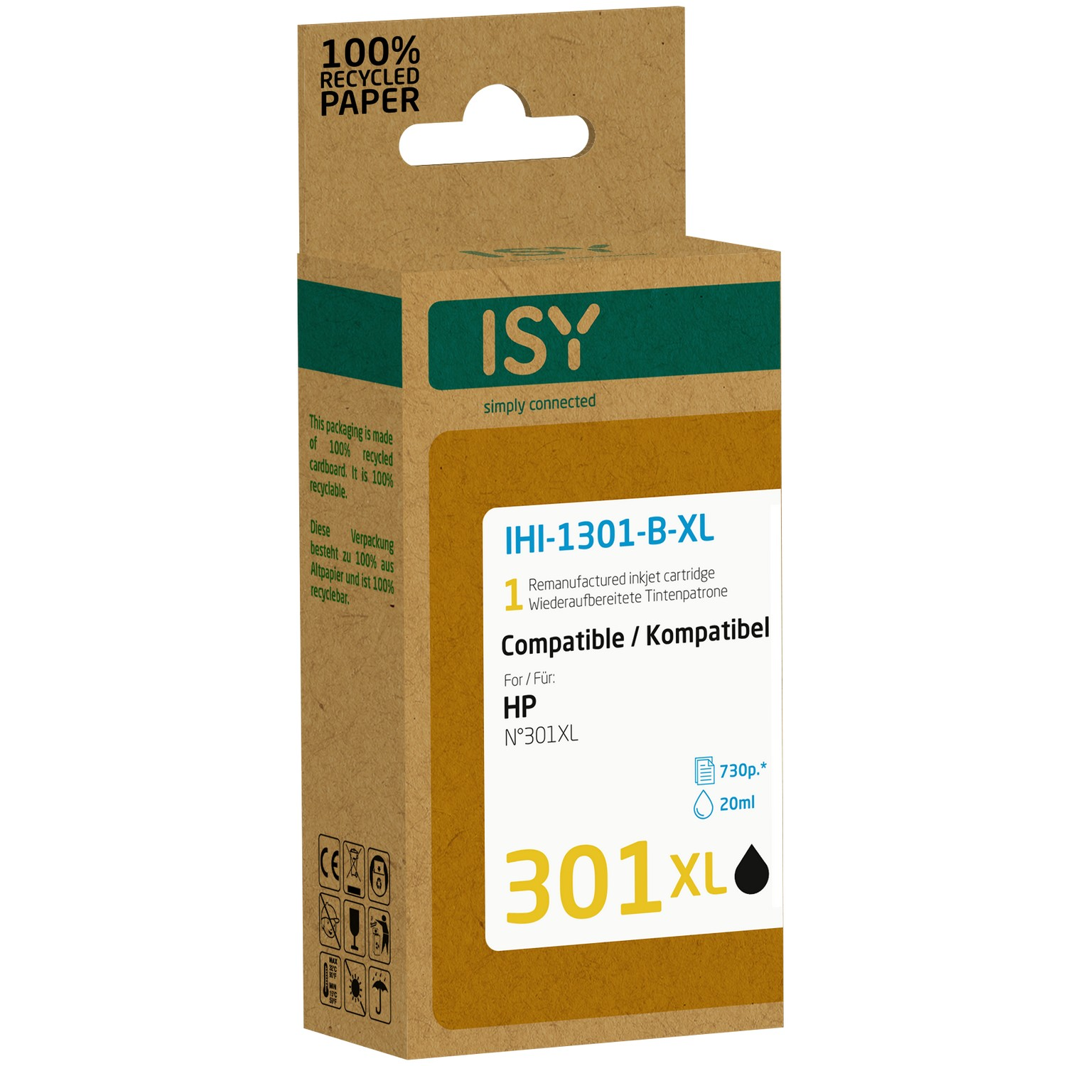 Boîte en carton marron avec texte, une cartouche d'encre remanufacturée pour imprimante HP, compatible 301XL.
