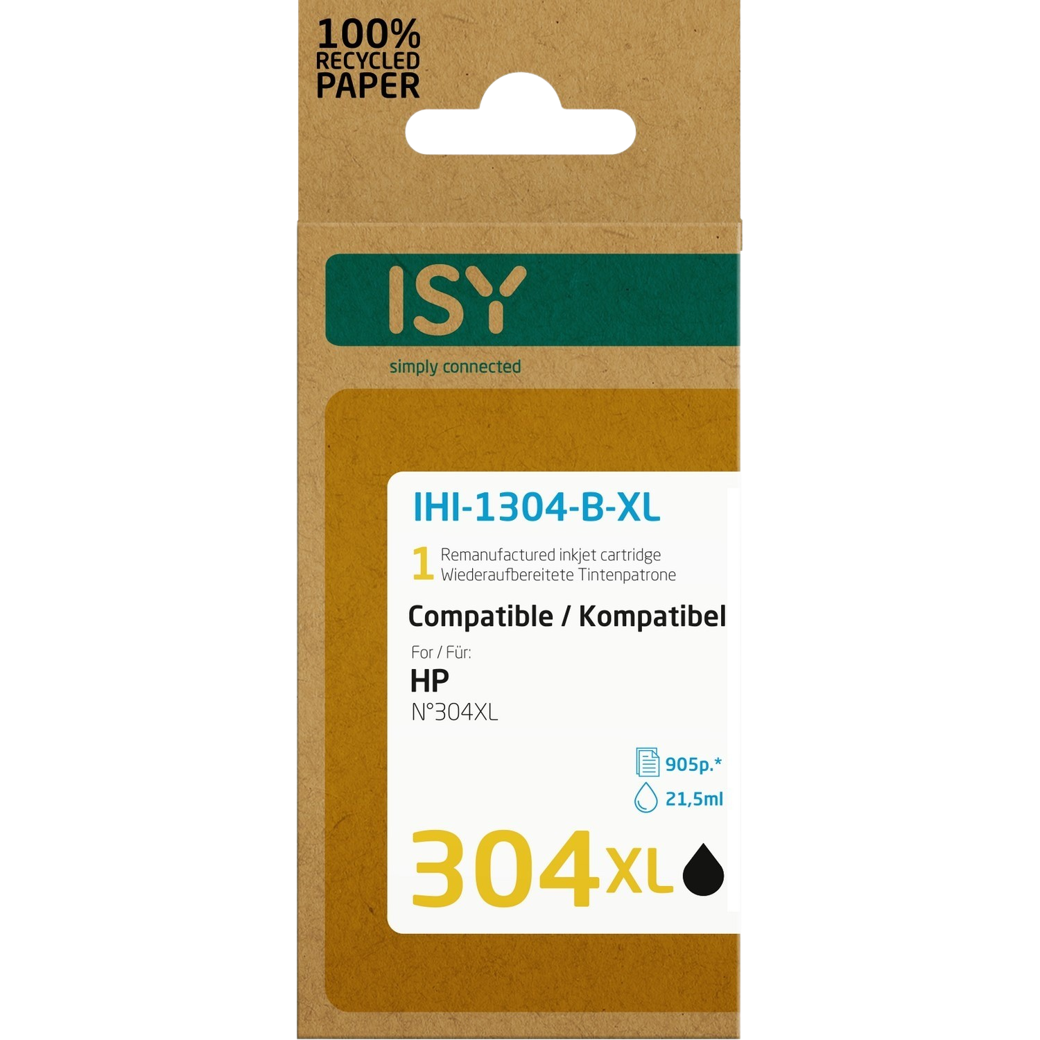Doosje met ISY inktcartridge. Bruine en gele doos met tekst en inkt druppel symbool.