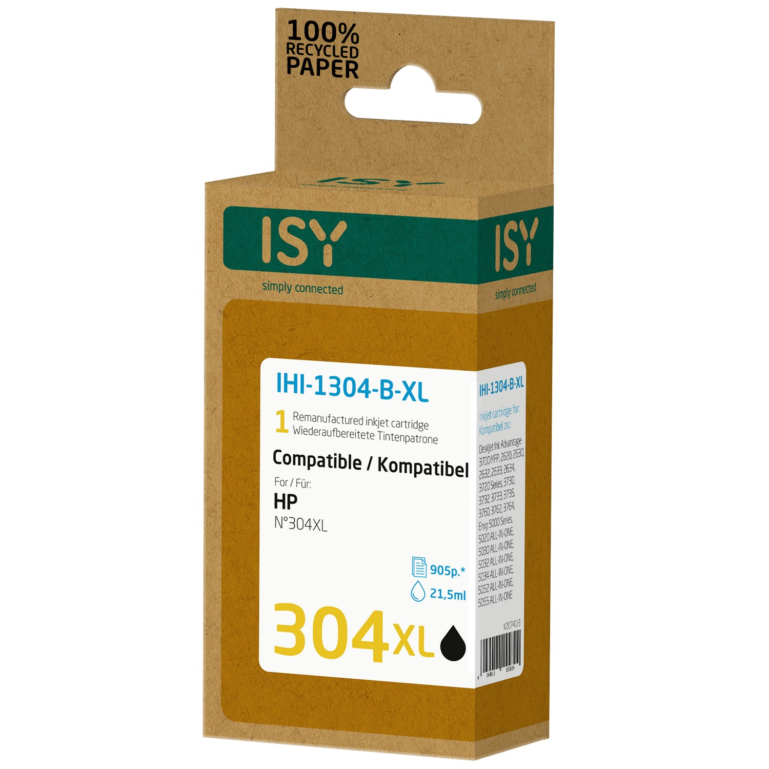 Een bruine inktcartridge doos met de tekst ISY en een afbeelding van de cartridge.