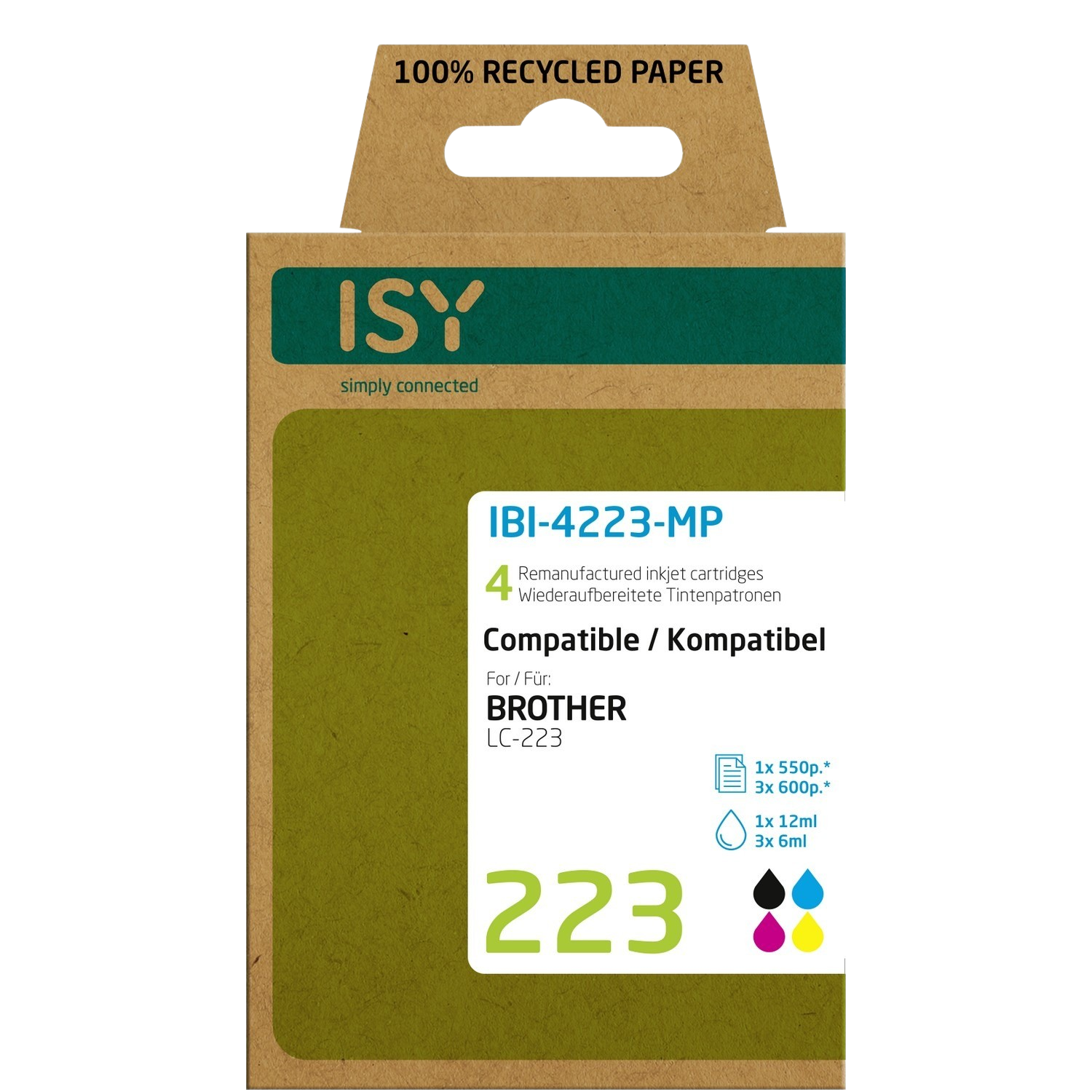 Inktcartridge doos met ISY label. De doos is bruin met zwarte tekst en gekleurde inkt druppel symbolen.
