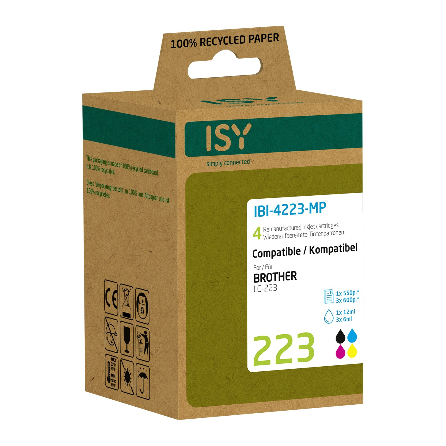 Een bruine ISY inktcartridge doos met een groen label, tekst en inkt kleur iconen.