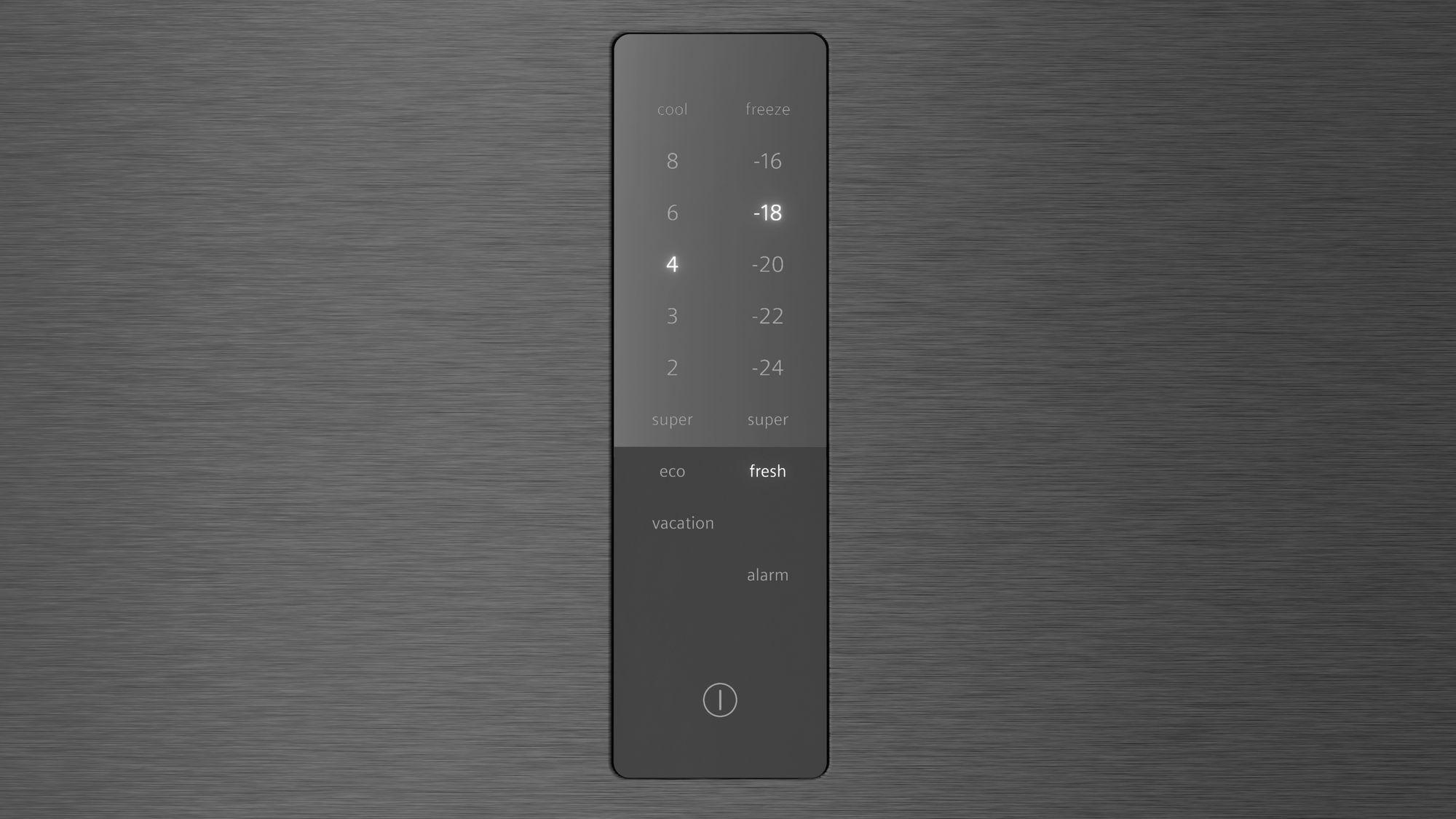 Ein dunkelgraues Kühlschrank-Bedienfeld, das Temperatureinstellungen und verschiedene Funktionsoptionen zeigt.