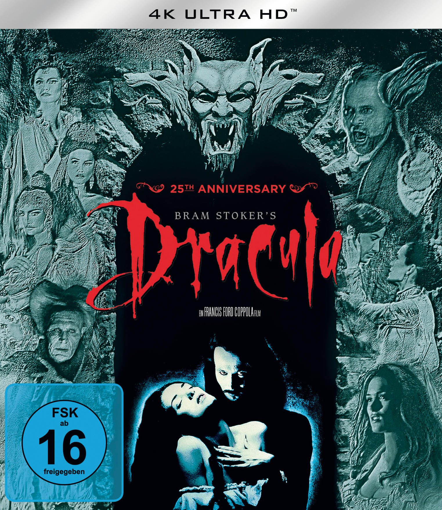 Dracula Filmcover. Ein Monster mit einer Frau. Roter Dracula-Titel. 4K Ultra HD. FSK 16.
