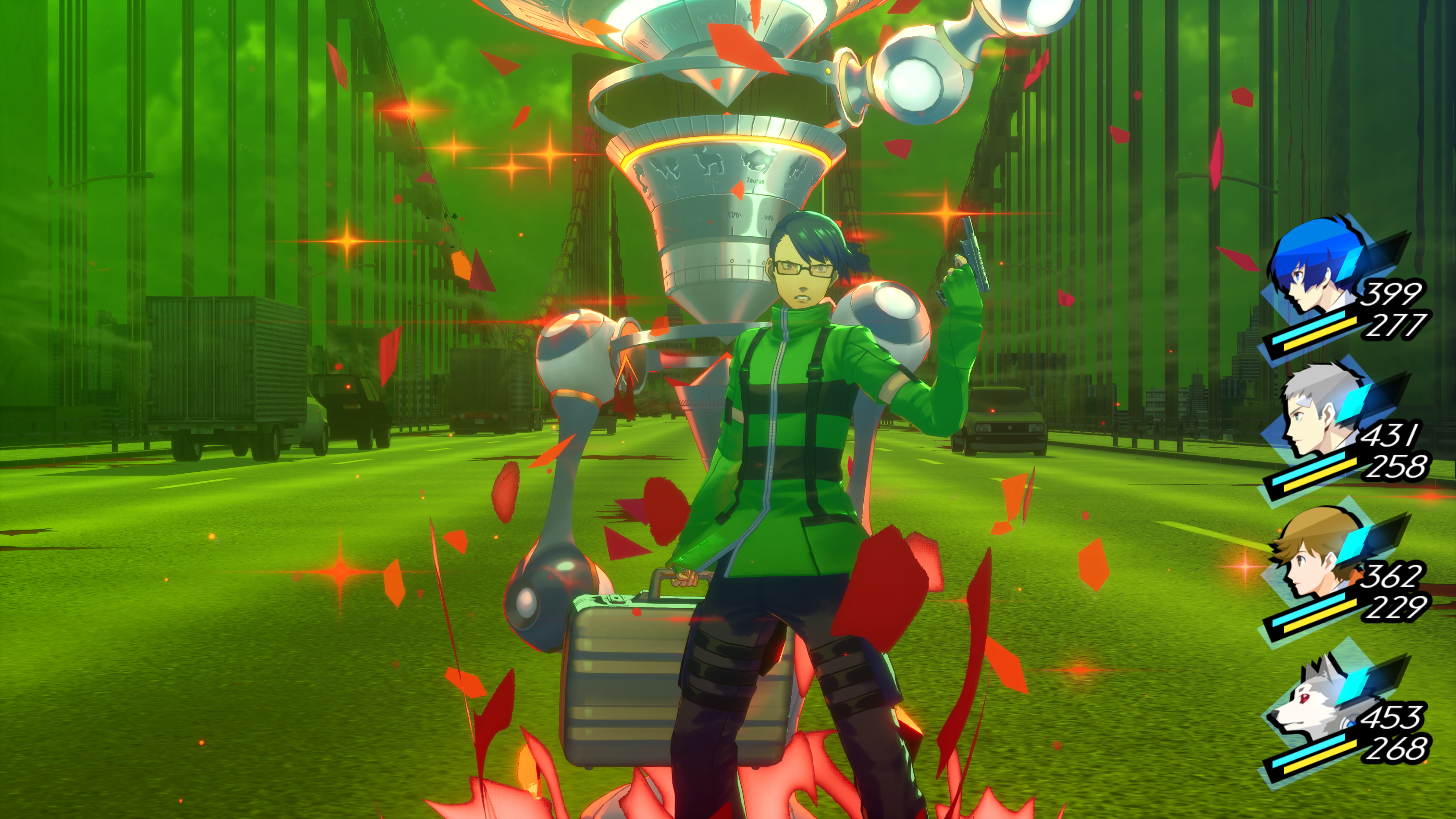 Une capture d'écran de jeu avec un personnage en vert, un grand robot et d'autres personnages.