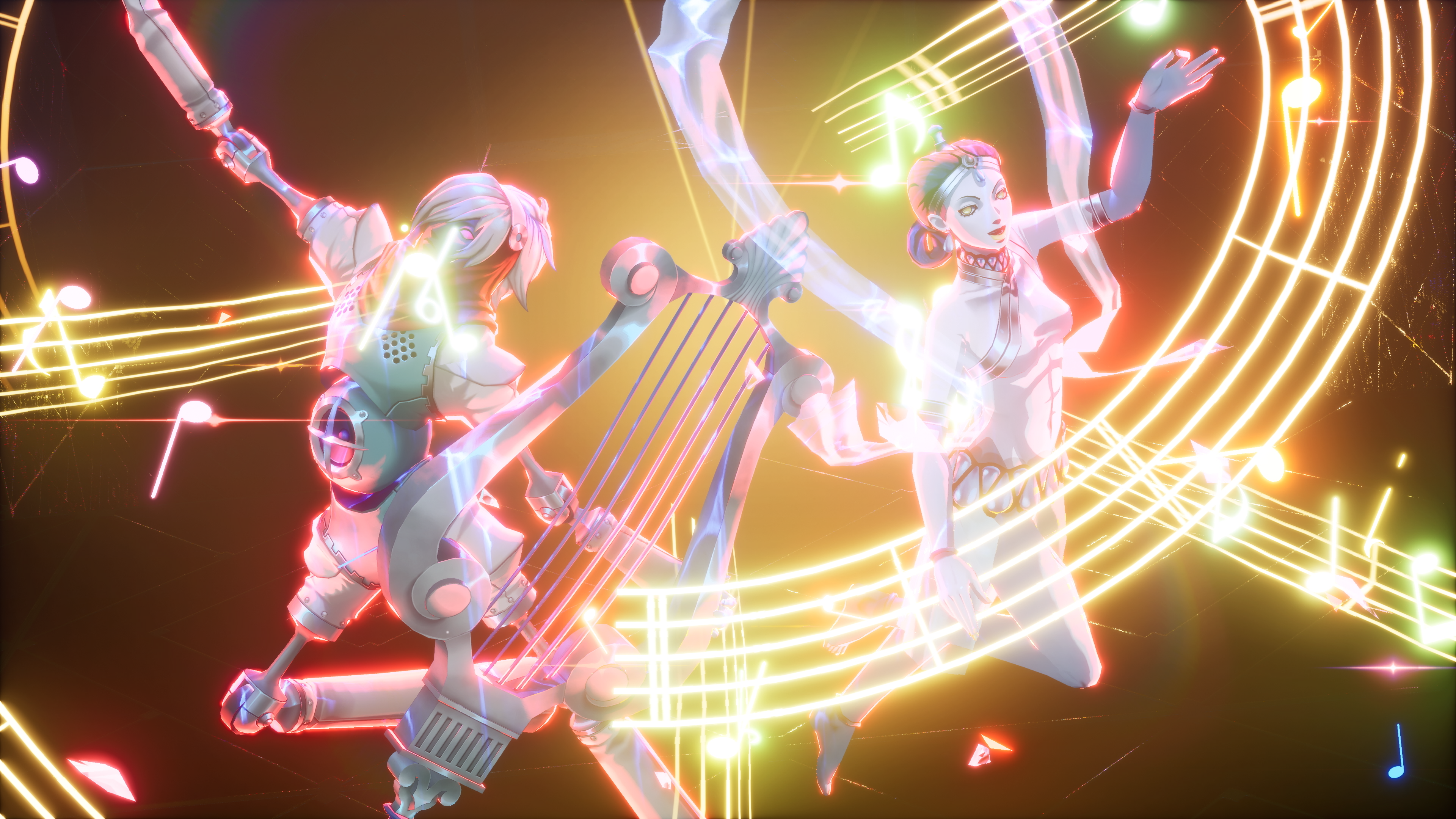 Deux figures lumineuses avec des instruments de musique, dans un cadre vibrant et coloré.