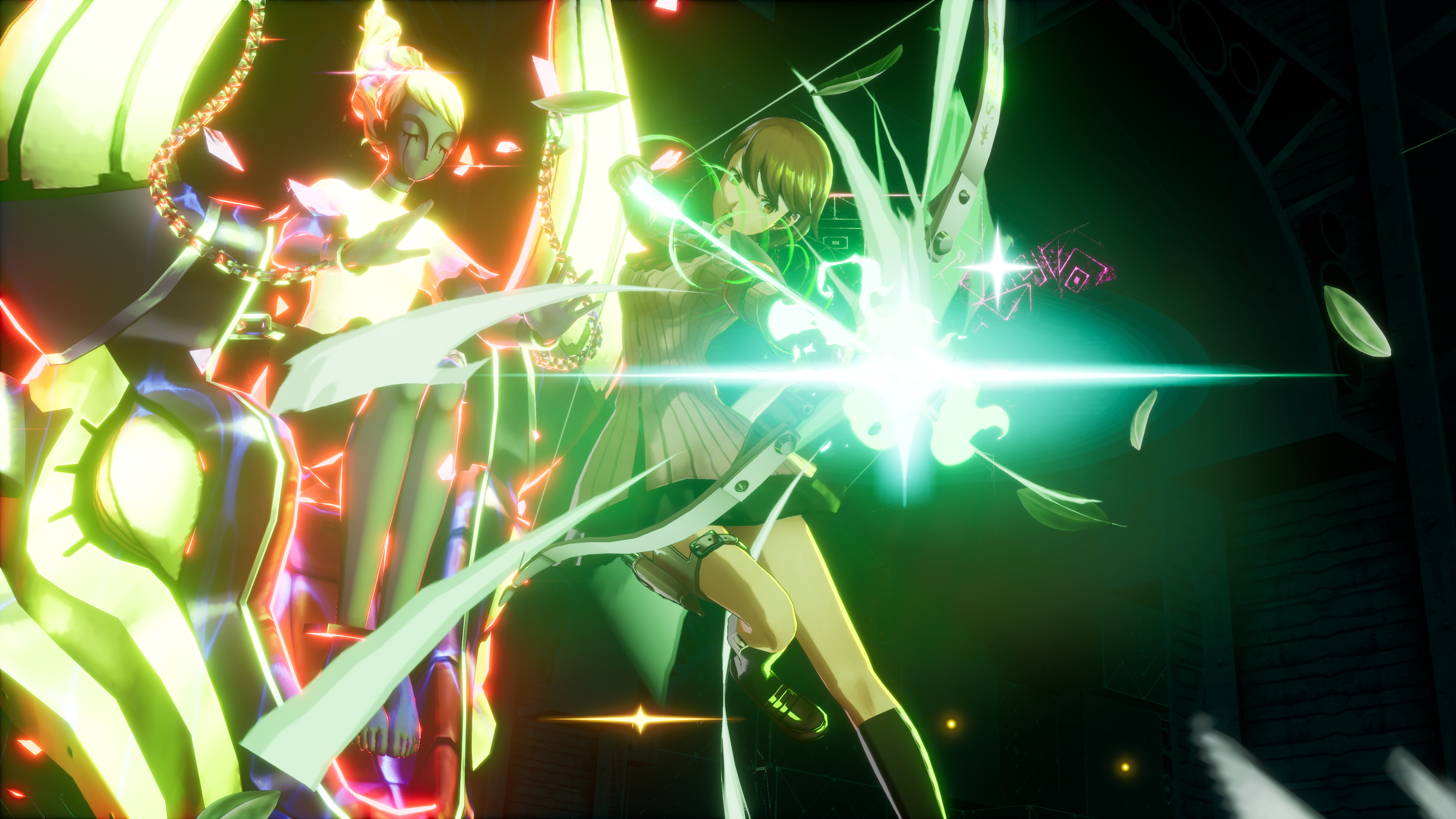Personnages de style anime dans un cadre futuriste brillamment éclairé, un avec un arc.
