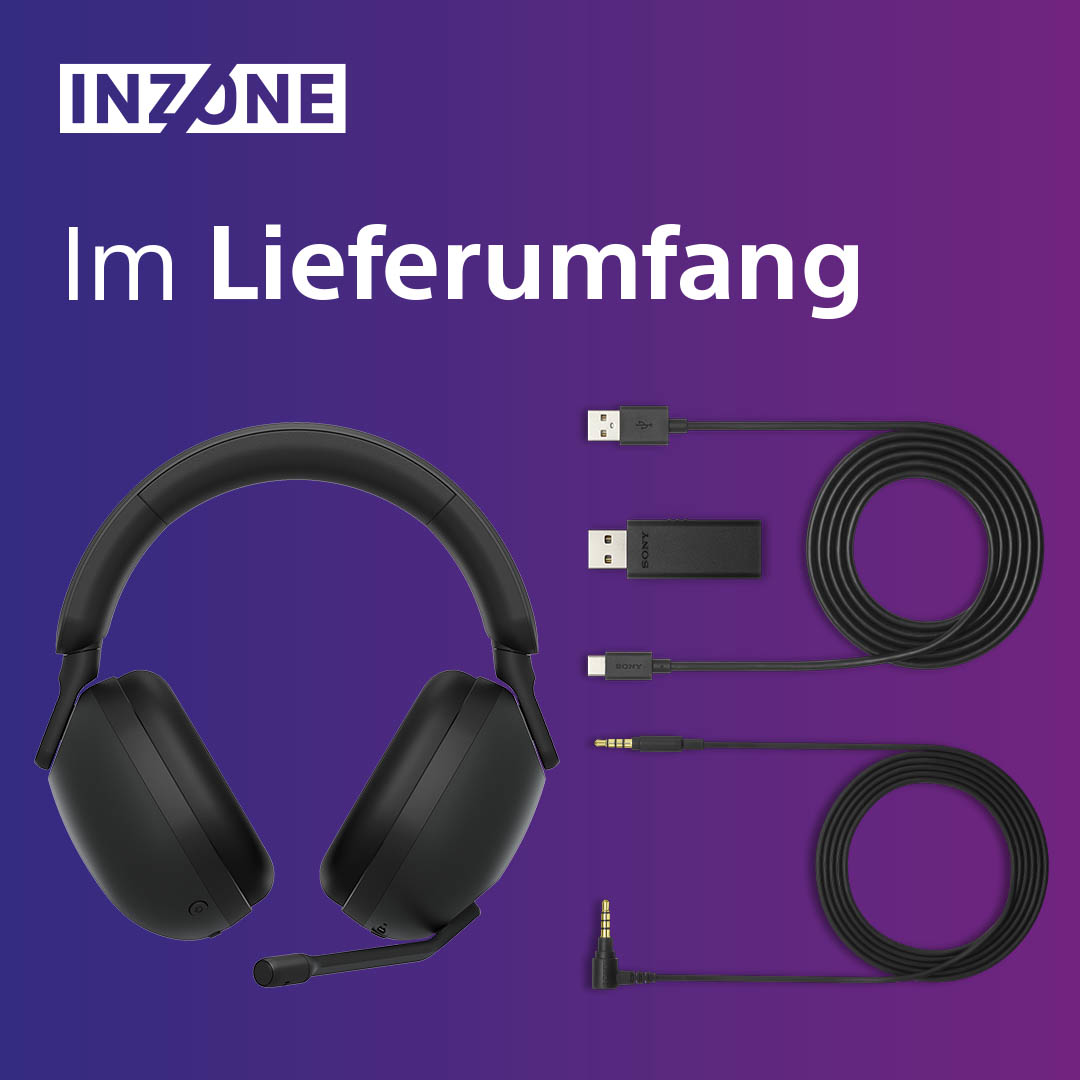 Cuffie INZONE nere, un dongle USB e un cavo, con il testo 'Im Lieferumfang'.