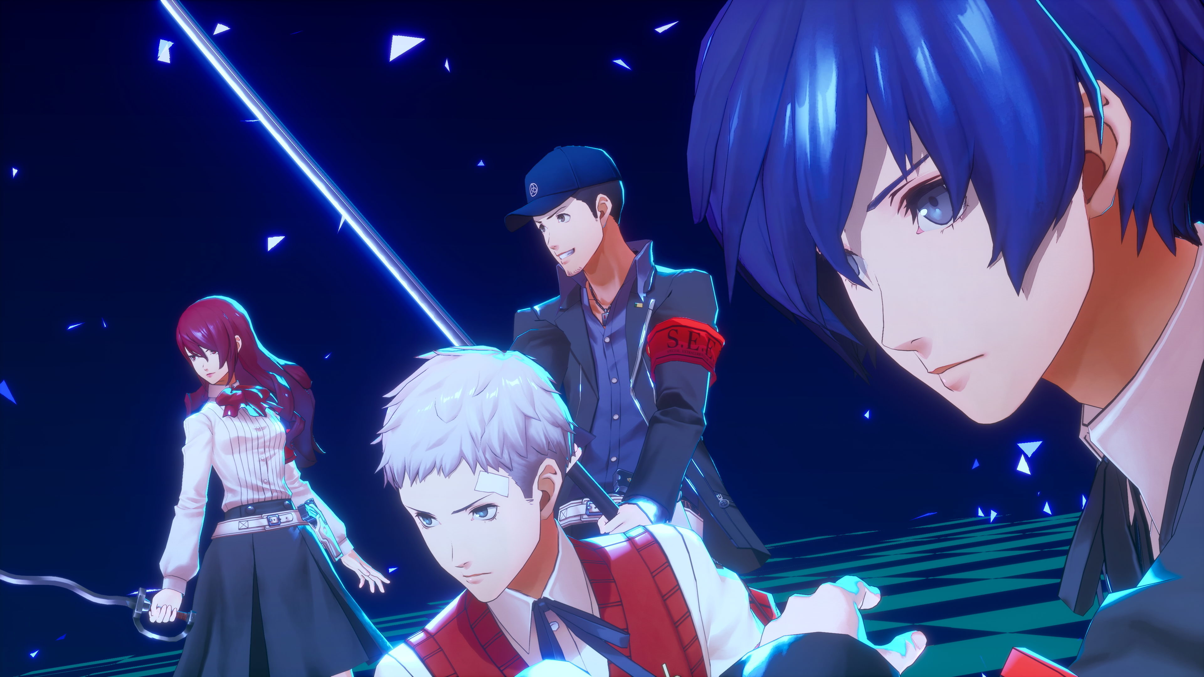 Eine Gruppe von Anime-Charakteren in dynamischer Pose, beleuchtet von blauem Licht.