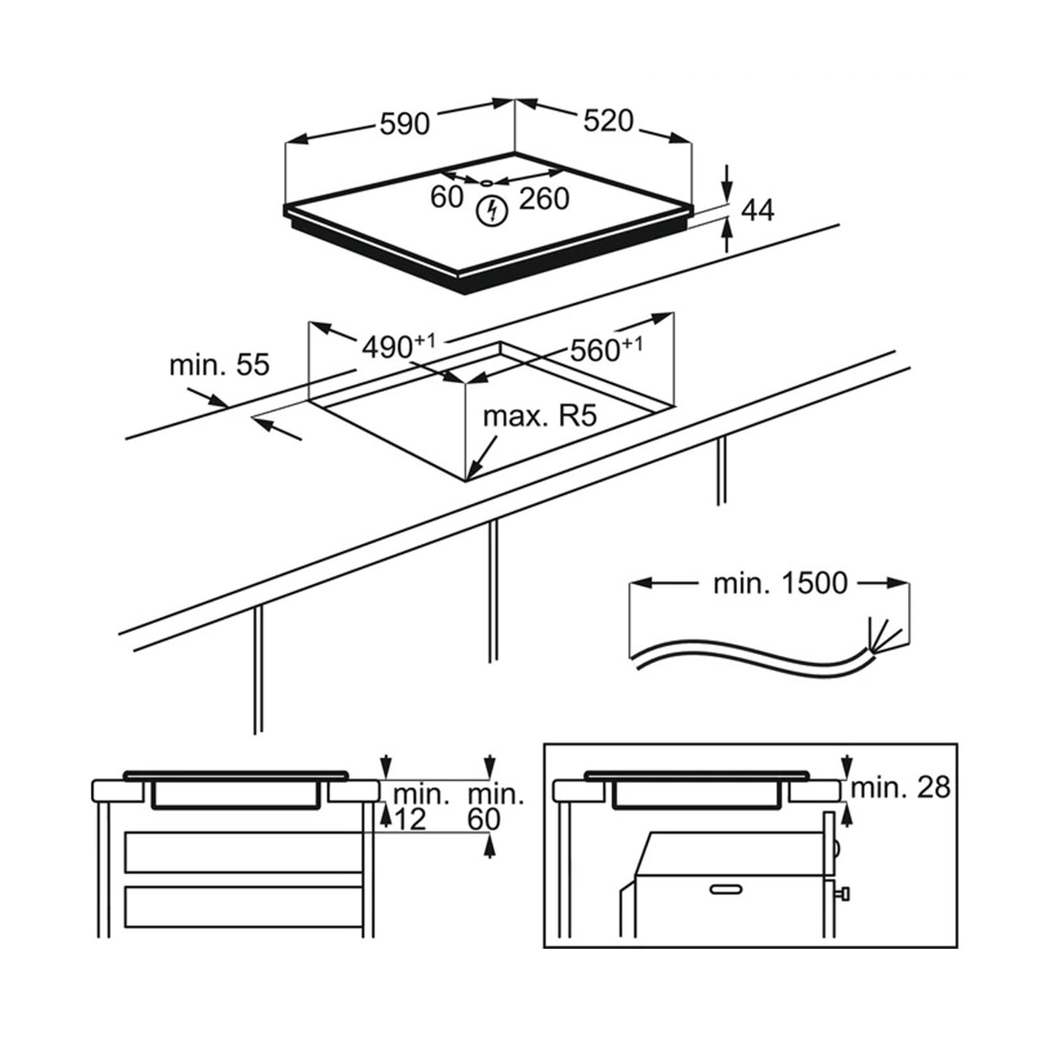 Il diagramma mostra viste dall'alto e laterali di un piano cottura elettrico con dimensioni e dettagli di installazione.