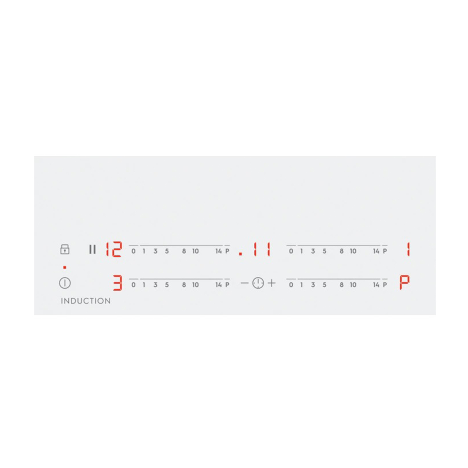 Piano cottura a induzione bianco con numeri e simboli rossi. I pulsanti sono visibili.