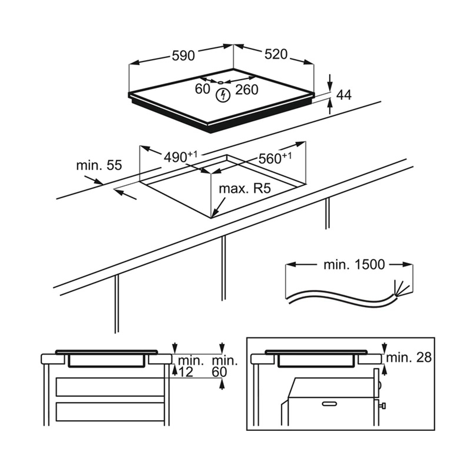 Diagramma piano cottura con dimensioni e istruzioni di installazione.