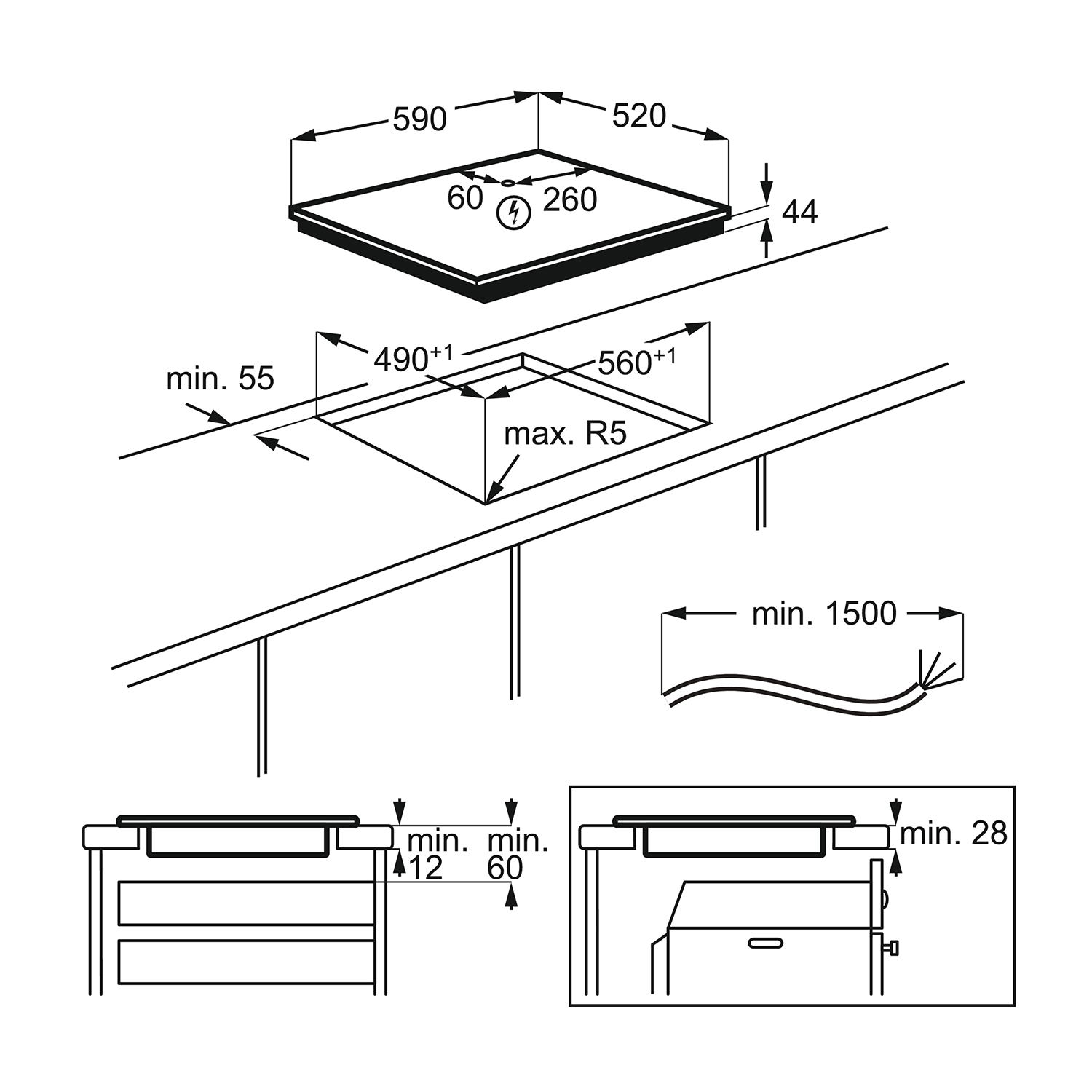 Diagramma di un piano cottura a incasso, con dimensioni e istruzioni di installazione.