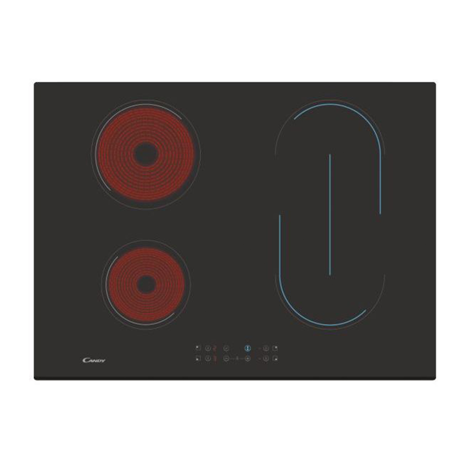 Piano cottura nero con tre elementi riscaldanti rossi e due zone di controllo touch. Logo Candy.