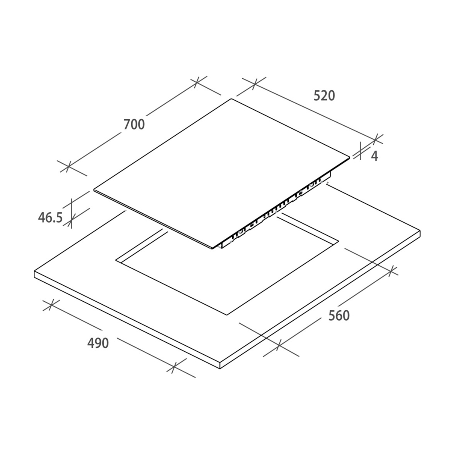 Un diagramma di un piano cottura a induzione, con dimensioni in millimetri.