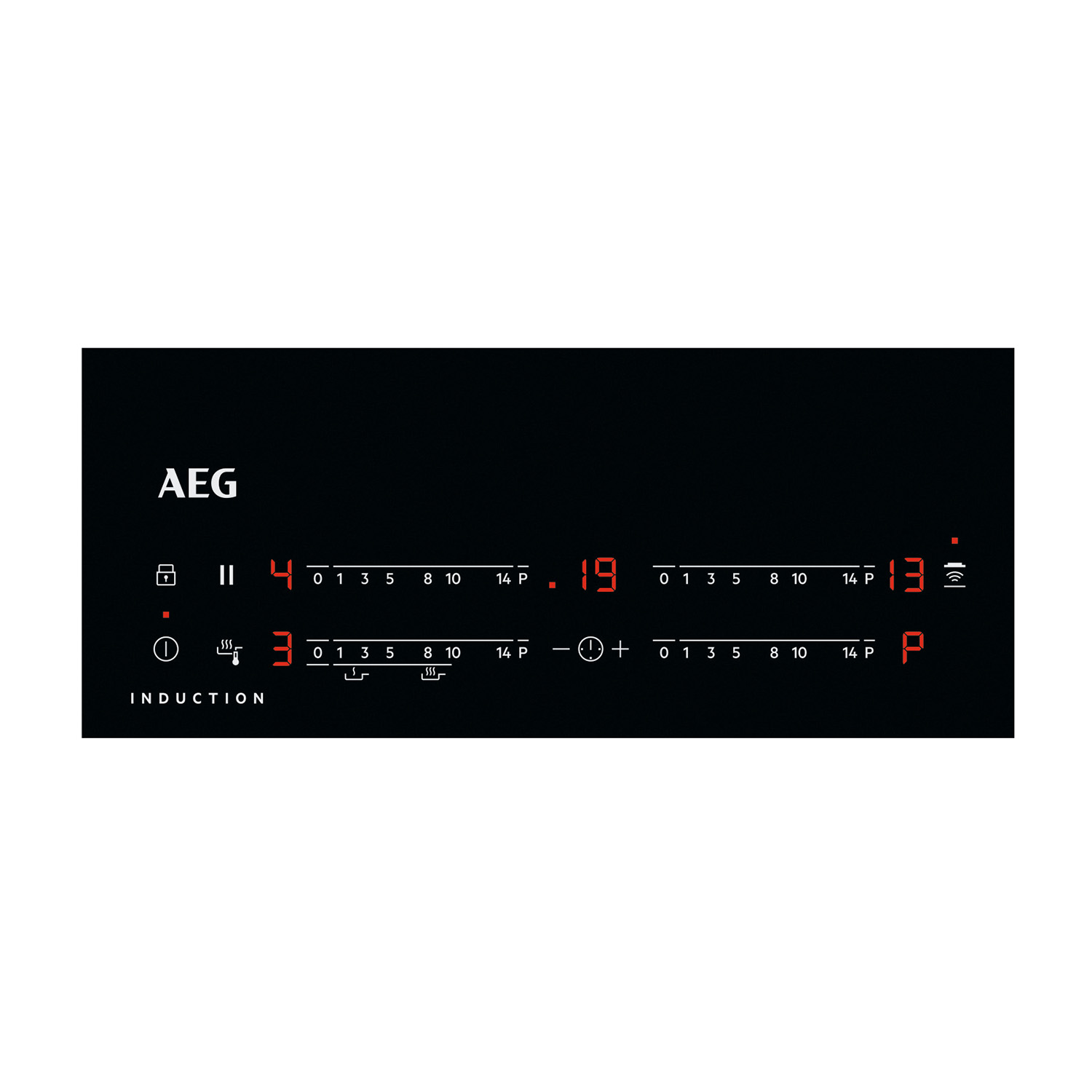Piano cottura a induzione nero con numeri e simboli illuminati e il logo AEG.