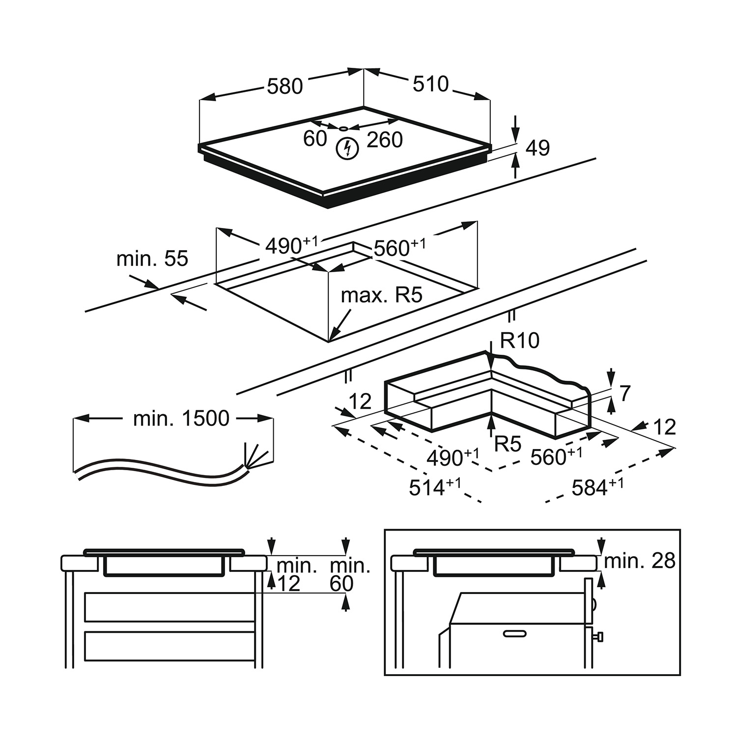 Disegno tecnico con dimensioni di un piano cottura. Mostra una vista dall'alto e viste laterali con misure.