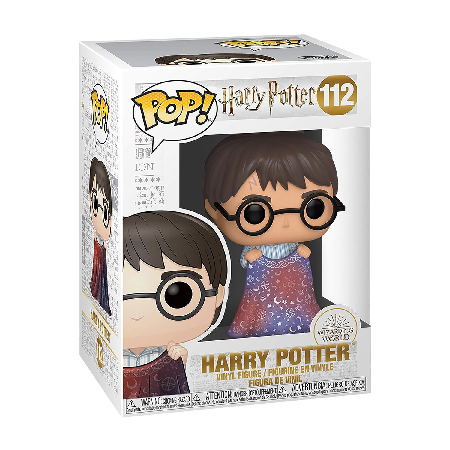Una figura Funko Pop di Harry Potter in una scatola con immagini e testo del personaggio.