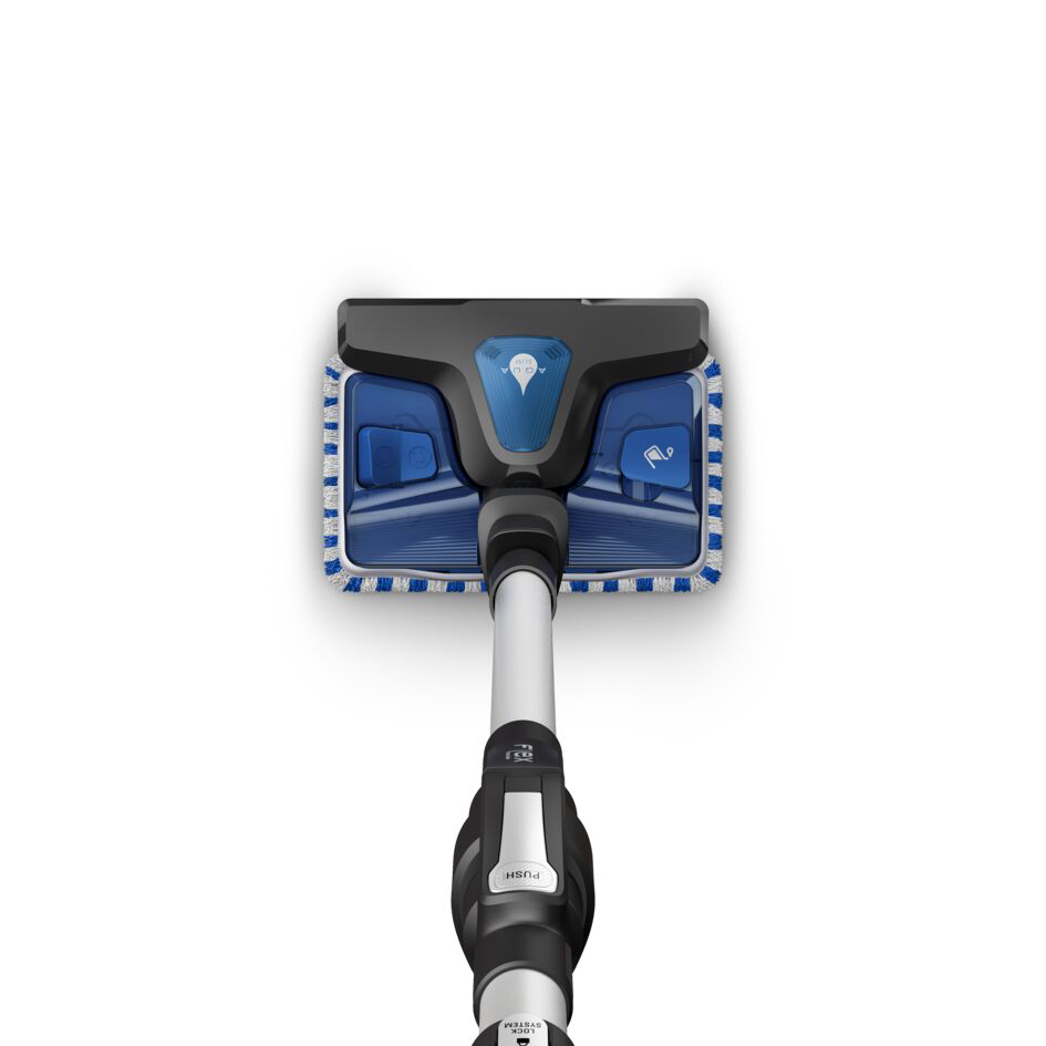 Porszívófej kék-fehér tisztítópárnával, hosszú ezüst nyéllel, felülnézetből.