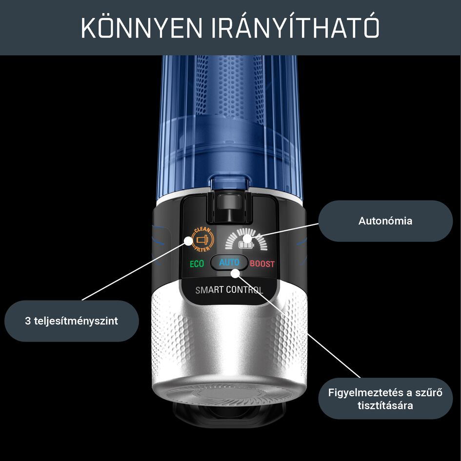 Porszívó, amelyen a teljesítmény módok és az intelligens vezérlés látható.