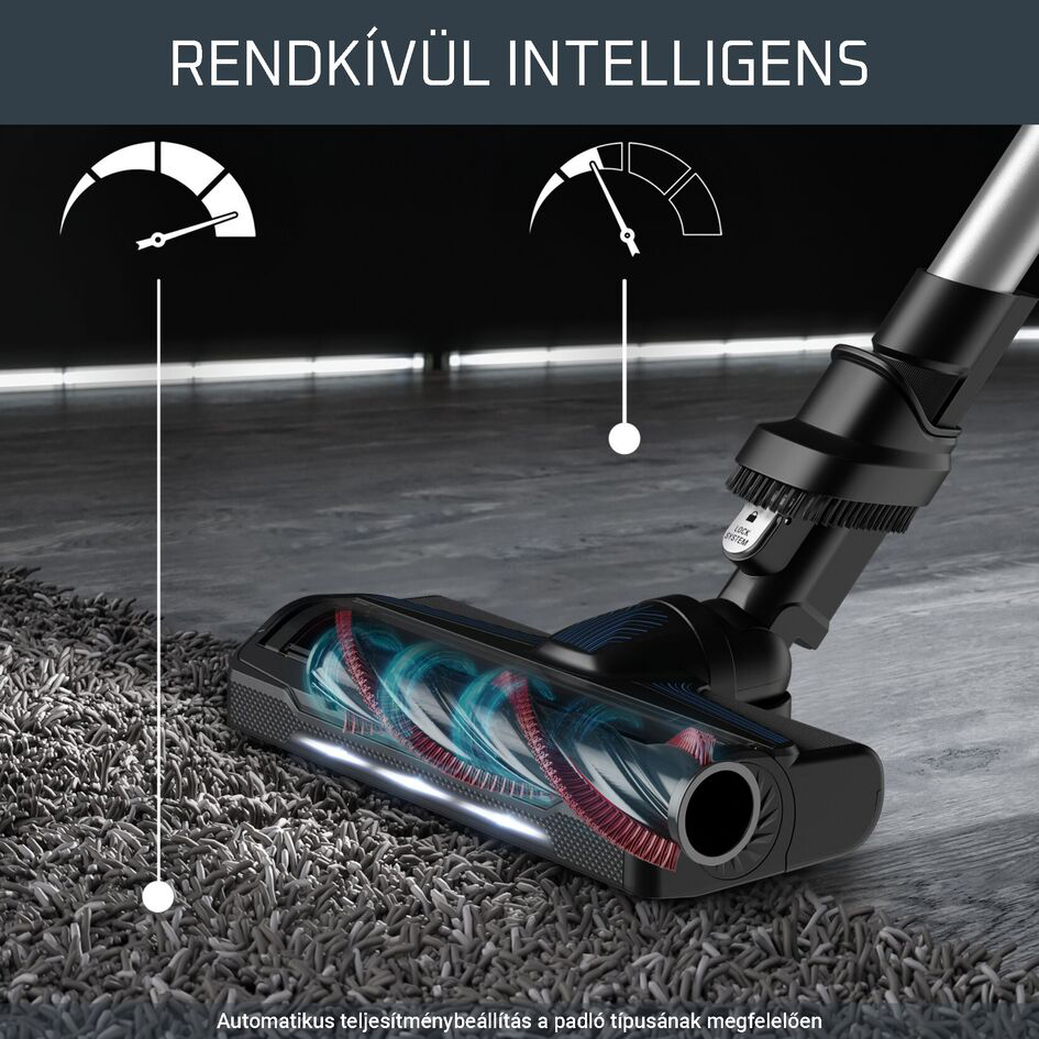 Egy porszívófej takarít egy szőnyeget. A szöveg 'Kiemelkedően intelligens'.