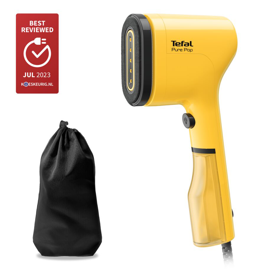 Egy sárga Tefal Pure Pop gőzölő fekete táskával, mindkettő fehér felületen, egy Legjobb Értékelés matricával.