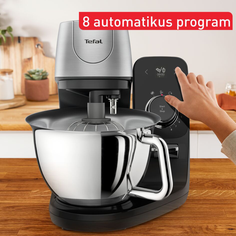 Egy ezüst és fekete konyhai készülék, melyen a '8 automatikus program' felirat látható.