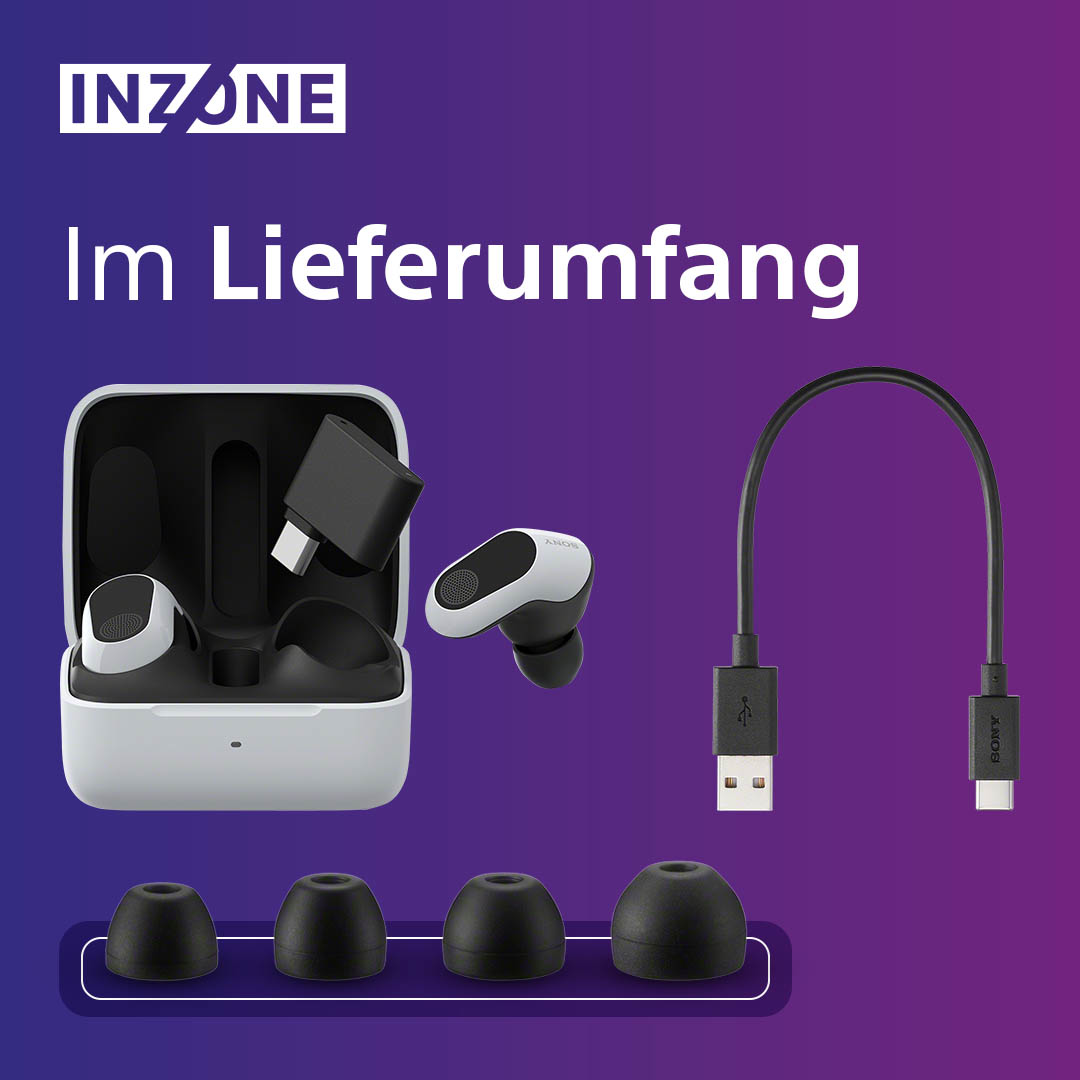Ohrhörer, Ladecase, USB-C-Kabel und Ohrstöpsel auf einem farbverlaufenden Hintergrund.