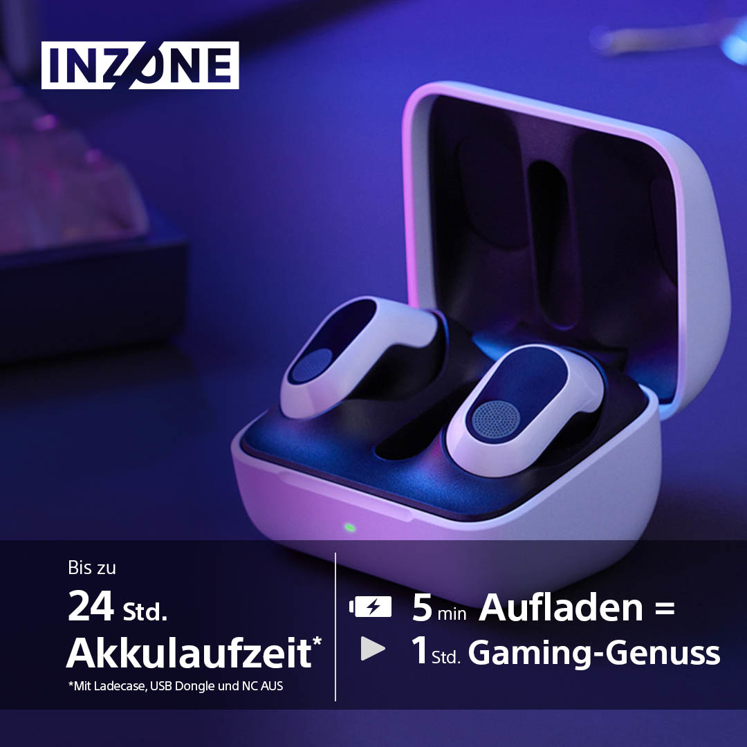 INZONE Ohrhörer laden im Case, mit Lade- und Akkulaufzeitinformationen.